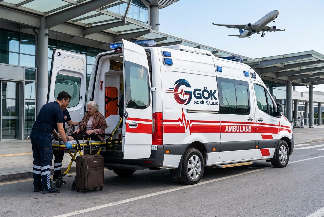 Havalimanı Hasta Transferi için temsili ambulans ve hasta transferi görseli
