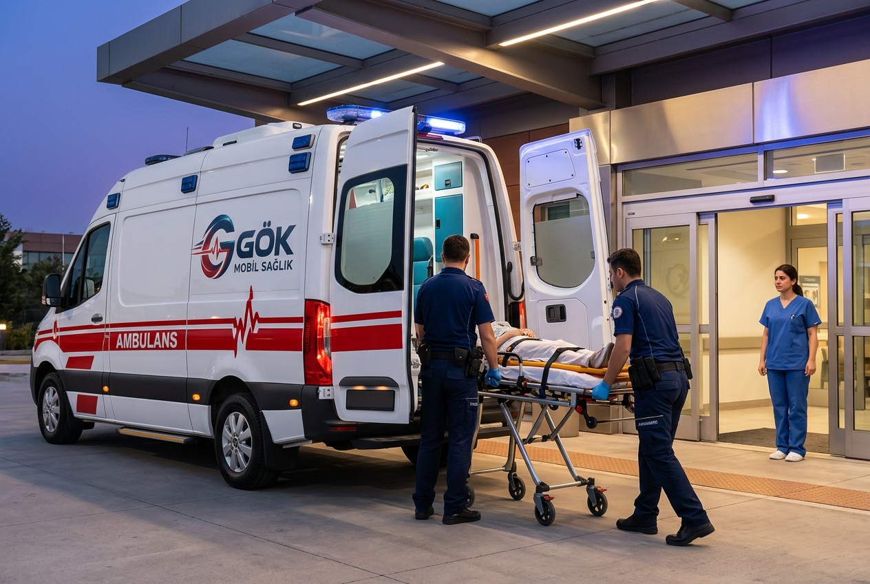 Hastaneler Arası Hasta Transferi için temsili ambulans ve hasta transferi görseli