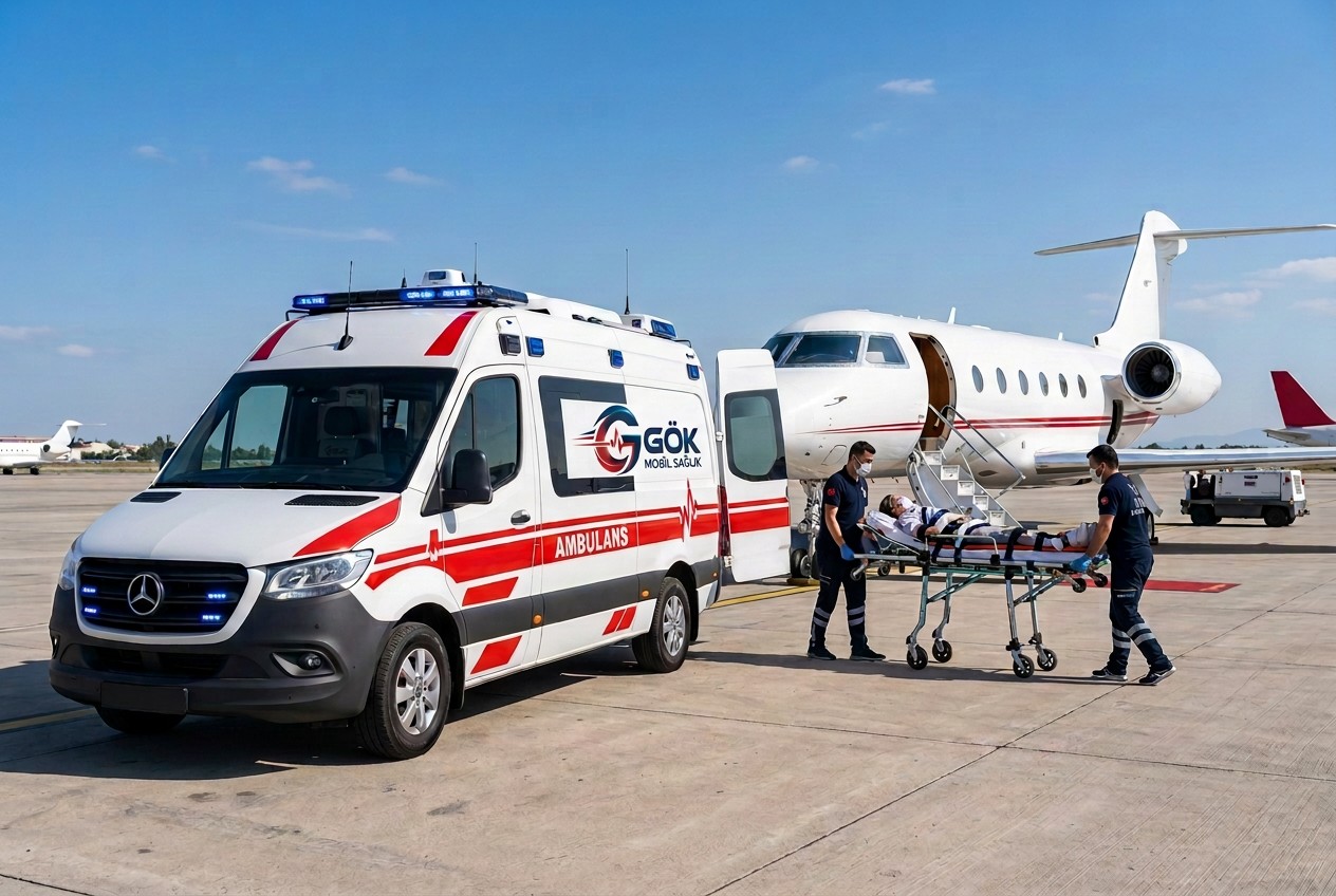 Uçak Ambulans Hizmeti için temsili ambulans ve hasta transferi görseli