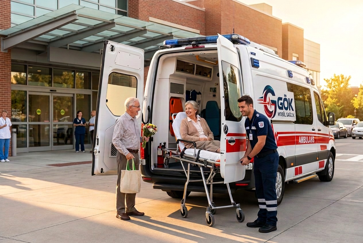 Taburculuk Sonrası Hasta Nakli için temsili ambulans ve hasta transferi görseli